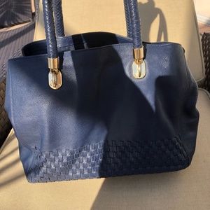 Cole Haan Navy Blue Leather Tote Bag With Braided handles